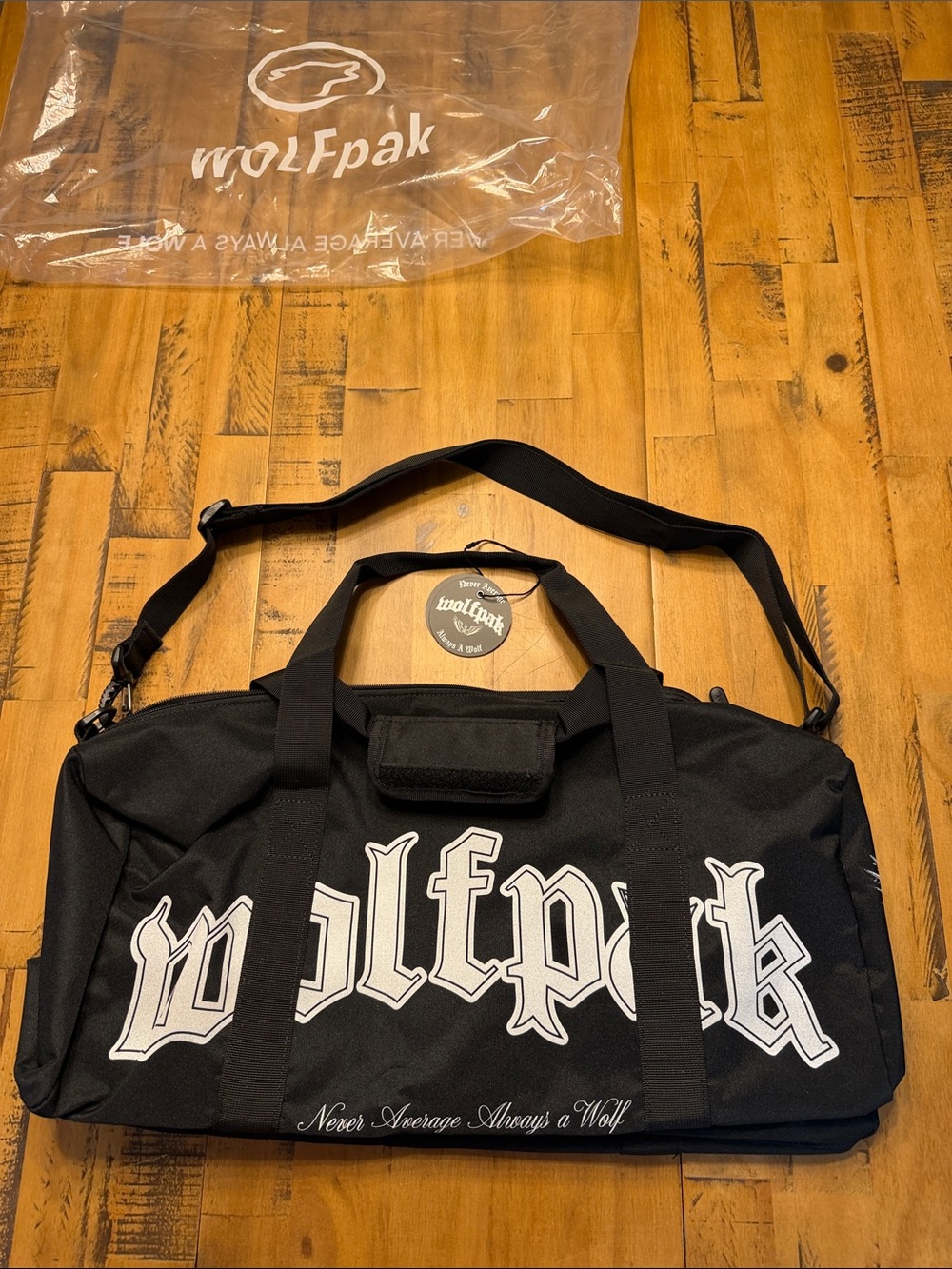 WOLFpak Black Duffel Bag with White Gothic Logo 45L NWT